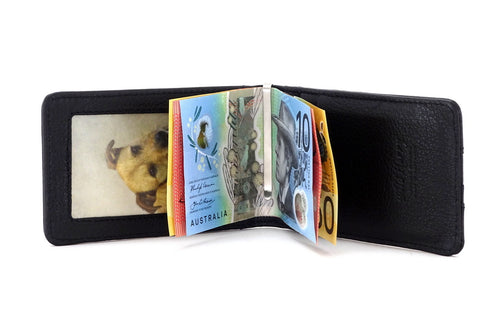 Bill fold - Daryle - Black Ostrich small men's wallet leather lining showing inside view with notes in suse with the money clip