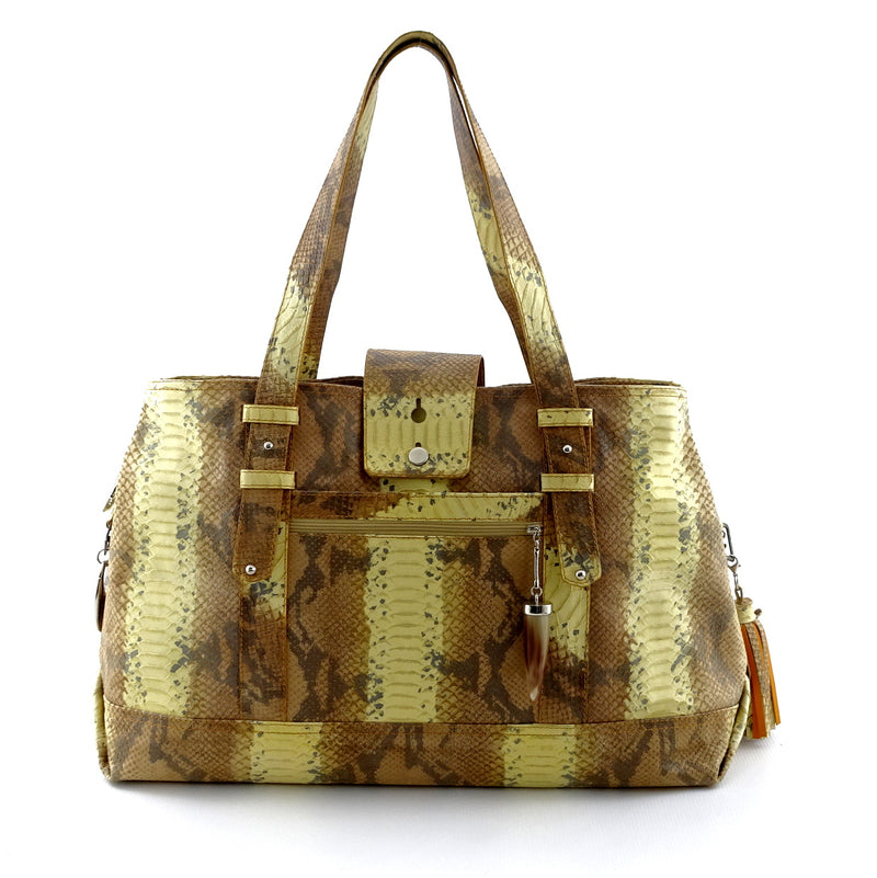 Felicity  Yellow and brown snake print leather large tote bag front handles up
