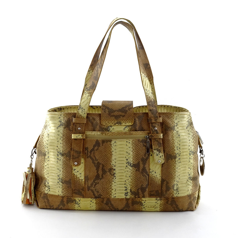 Felicity  Yellow and brown snake print leather large tote bag back handles up
