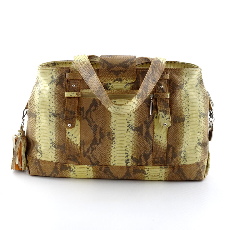 Felicity  Yellow and brown snake print leather large tote bag back handles down