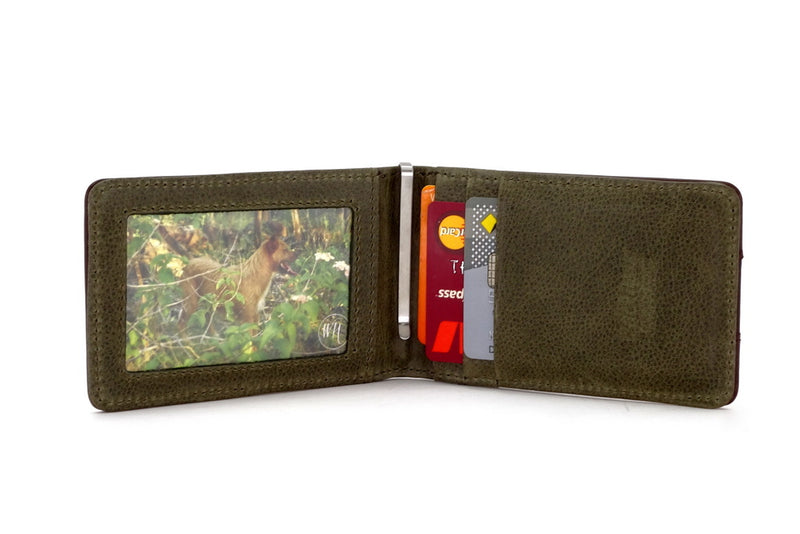 Bill fold - Daryle - Dark brown leather man's small wallet sage lining showing sage leather lining picture in picture window credit cards in pockets with handmade stanless steel money clip