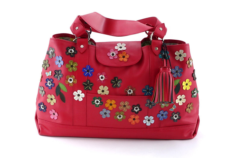 Felicity  Rojo leather flower detail tassel large tote bag front handles down