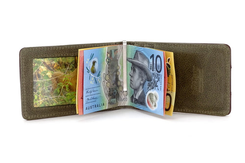 Bill fold - Daryle - Dark brown leather man's small wallet sage lining showing notes being held by the money clip