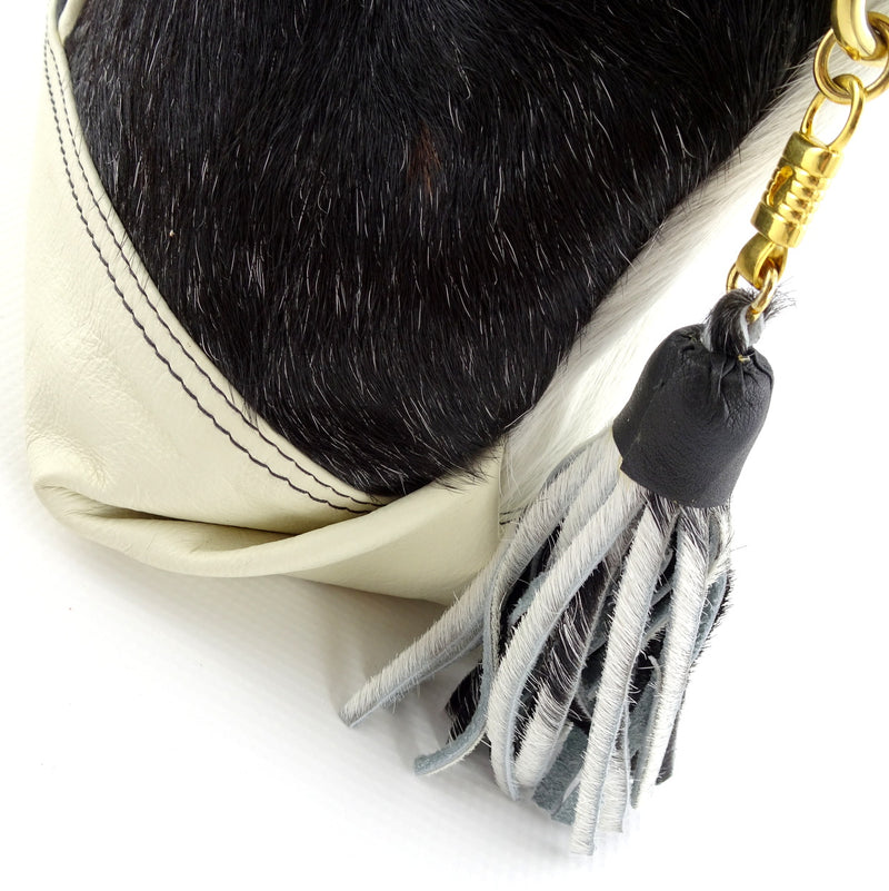 Felicity  Hair on cow hide black & white white leather large tote bag zip end tassel