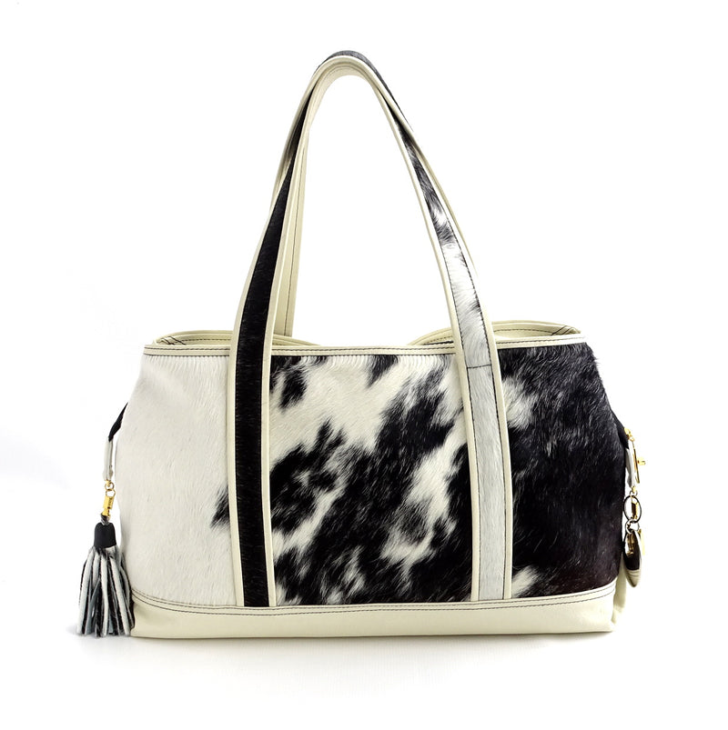 Felicity  Hair on cow hide black & white white leather large tote bag back handles up