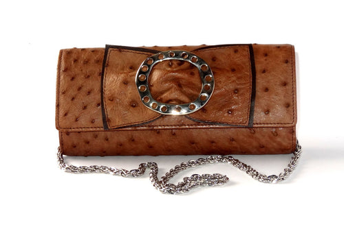 Leah  Brown ostrich leather small ladies clutch bag front with chain