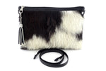 Rosie Black & white hair on hide goat skin small tote bag front view with shoulder strap removed