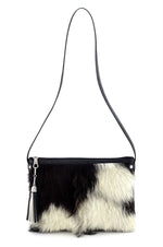 Rosie Black & white hair on hide goat skin small tote bag front view  showing drop