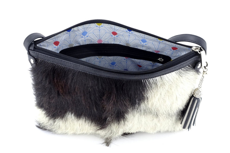 Rosie Black & white hair on hide goat skin small tote bag showing inside zip pocket