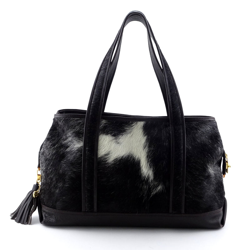 Felicity  Black & white hair on cow hide dark brown leather tote bag side 1 handles up