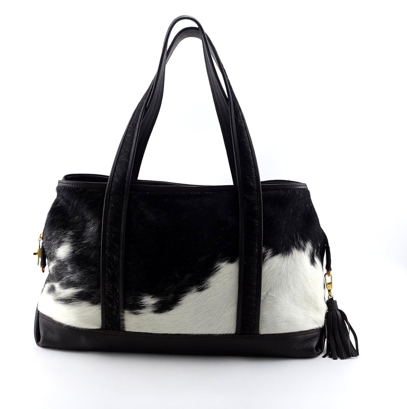Felicity  Black & white hair on cow hide dark brown leather tote bag side 2 handles up