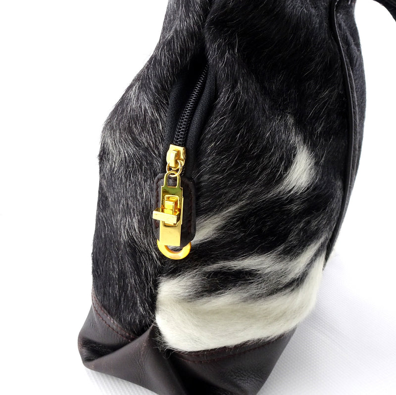 Felicity  Black & white hair on cow hide dark brown leather tote bag side zip lock