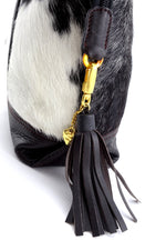 Felicity  Black & white hair on cow hide dark brown leather tote bag side tassel