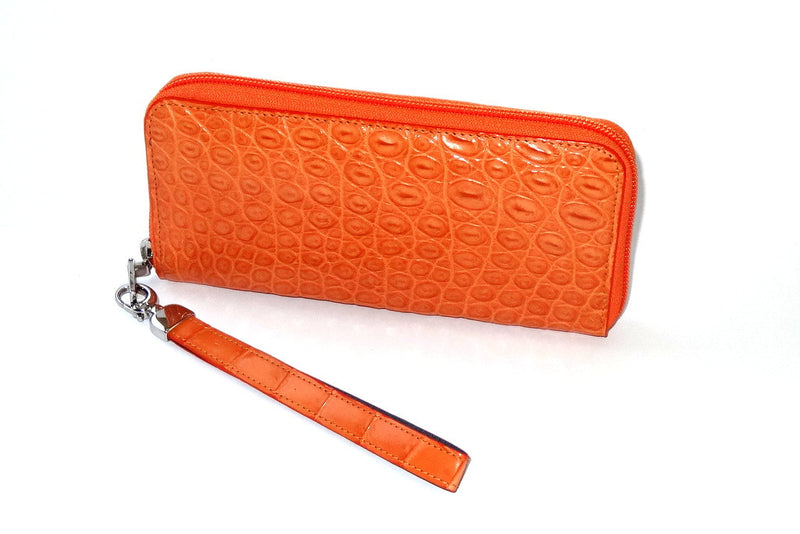 Michaela  Orange soft crocodile ladies zip around purse side 1