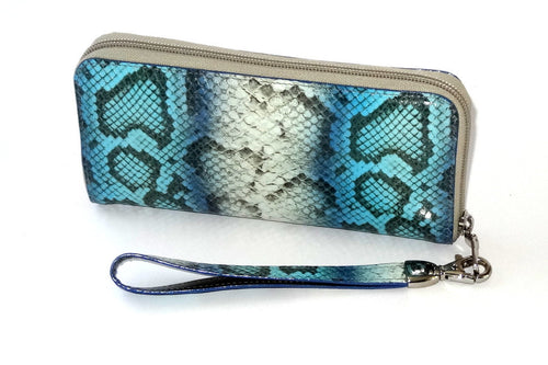 Michaela  Blue & grey snake print leather zip around purse side 1