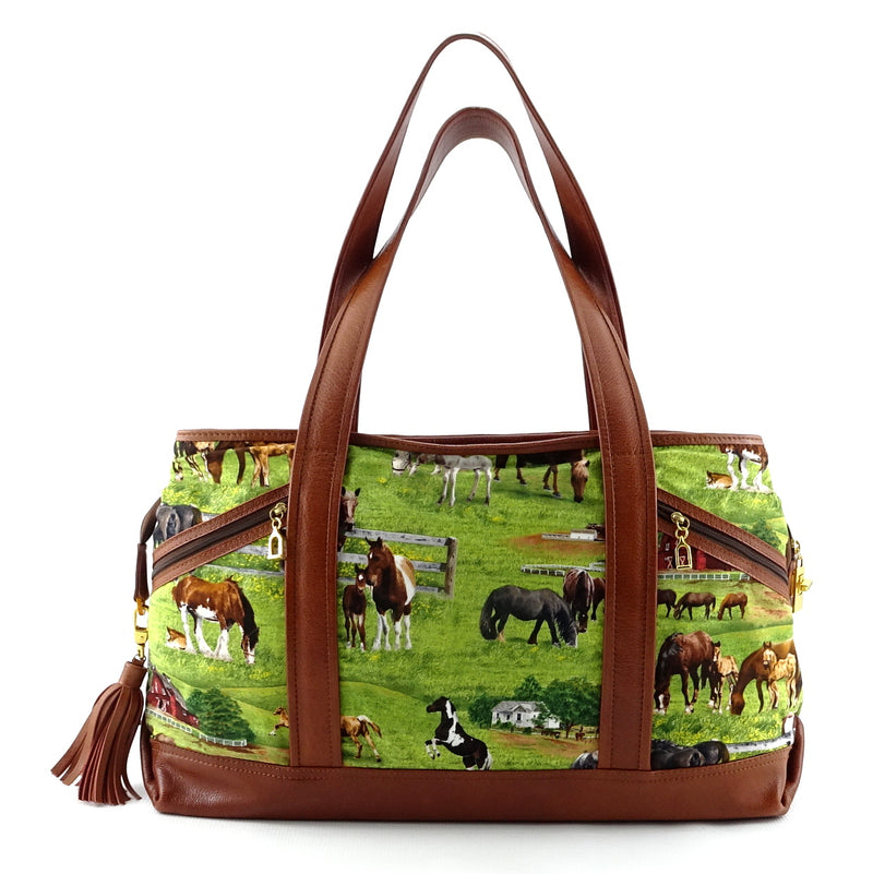 Felicity  Tan leather with a horse print fabric large tote bag back handes up