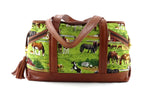 Felicity  Tan leather with a horse print fabric large tote bag back handles down