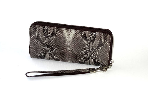 Michaela  Grey snake print leather ladies zip around purse side 1