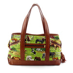 Felicity  Tan leather with a horse print fabric large tote bag front handles up