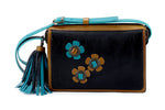 Riley Cross body bag Teal Tan & black leather with conchos & tassel view 2