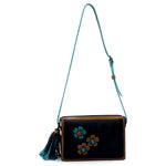 Riley Cross body bag Teal Tan & black leather with conchos & tassel shoulder straps extension