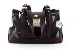 Felicity  Chocolate leather & fabric flower print large tote bag front handles down
