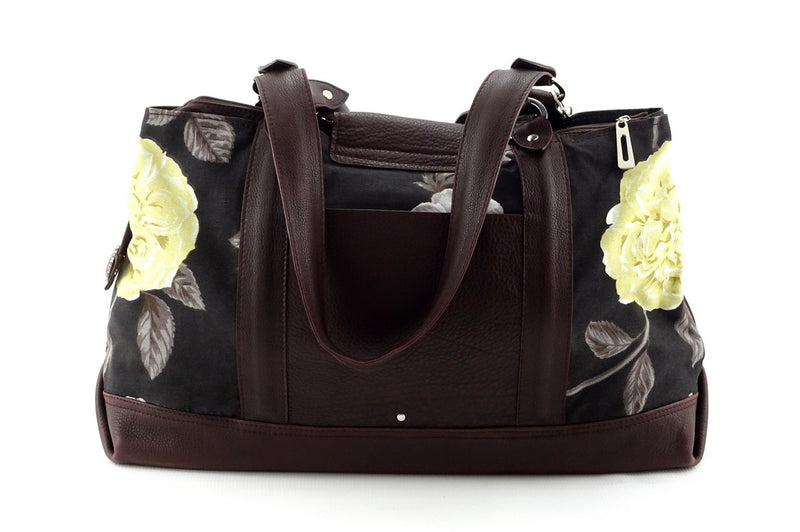 Felicity  Chocolate leather & fabric flower print large tote bag back handles down