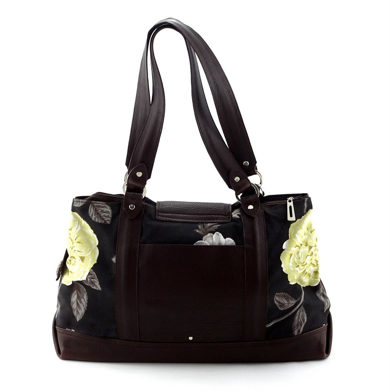 Felicity  Chocolate leather & fabric flower print large tote bag back handles up