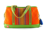 Felicity  Lime green leather with woven cotton fabric large tote bag back handles down
