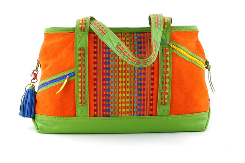 Felicity  Lime green leather with woven cotton fabric large tote bag front handles down