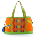 Felicity  Lime green leather with woven cotton fabric large tote bag front handles up
