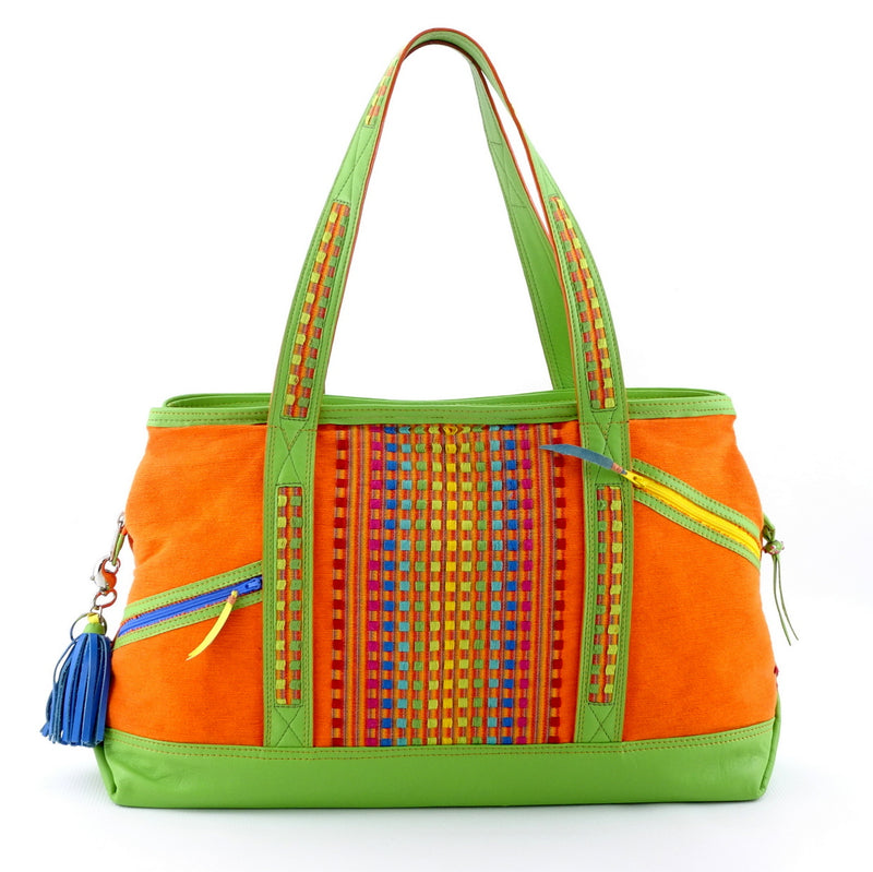Felicity  Lime green leather with woven cotton fabric large tote bag front handles up