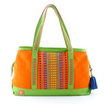 Felicity  Lime green leather with woven cotton fabric large tote bag back handles up