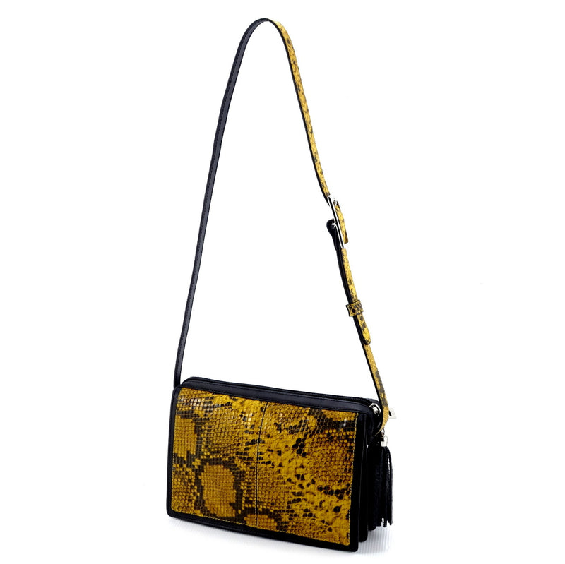 Riley Cross body bag yellow & black snake printed leather shoulder straps & buckle