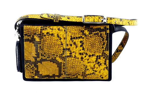 Riley Cross body bag yellow & black snake printed leather view side 1