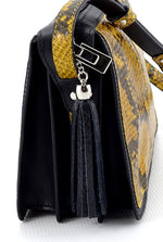 Riley Cross body bag yellow & black snake printed leather tassel end