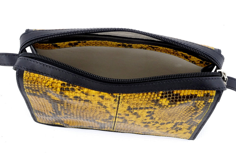 Riley Cross body bag yellow & black snake printed leather inside pocket top detail
