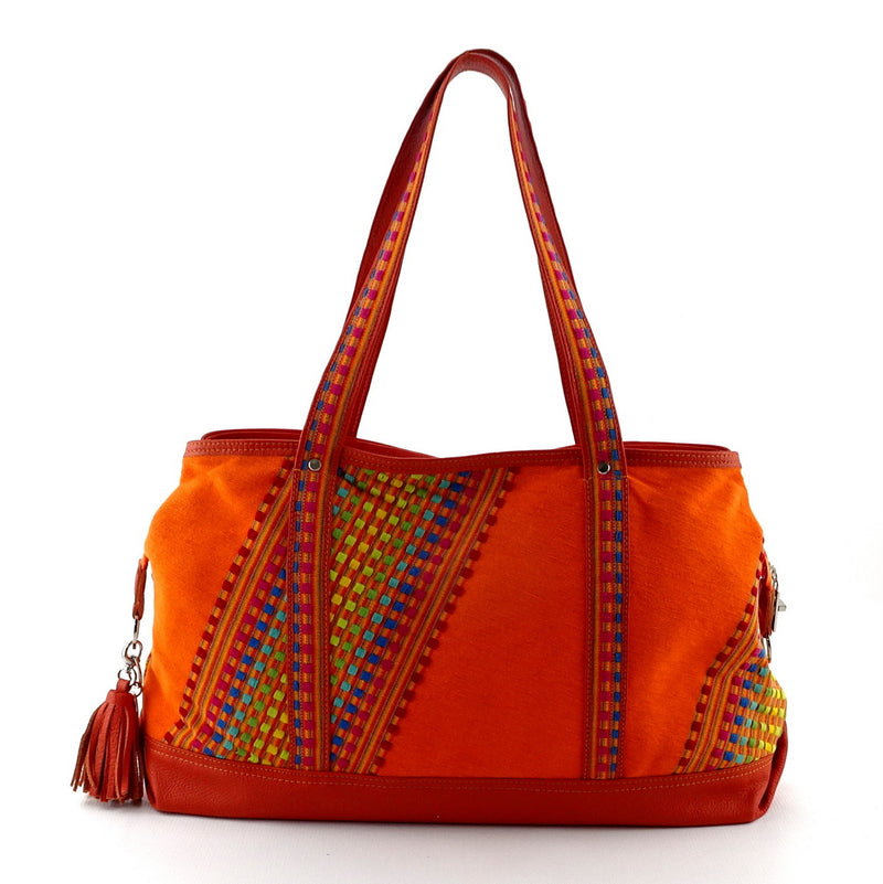 Felicity  Orange Leather with woven cotton fabric large tote bag handles up side 2
