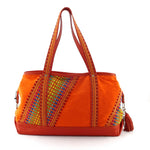 Felicity  Orange Leather with woven cotton fabric large tote bag handles up side 1