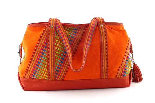 Felicity  Orange Leather with woven cotton fabric large tote bag handles down