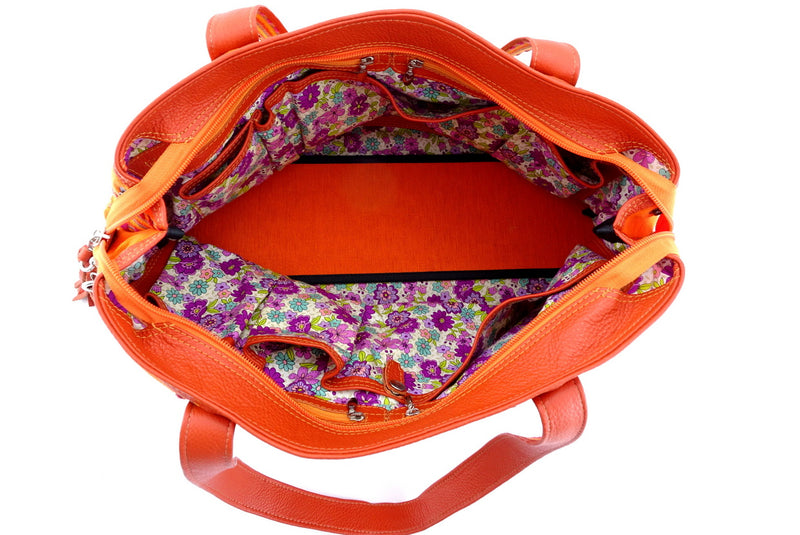 Felicity  Orange Leather with woven cotton fabric large tote bag inside pockets