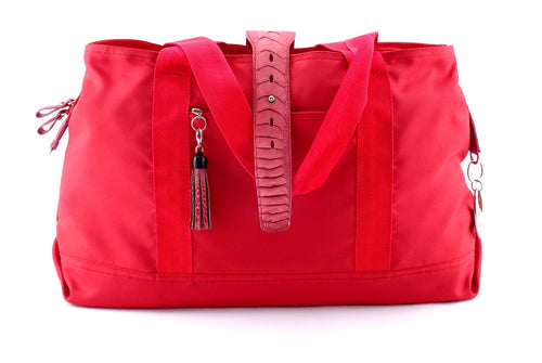 Felicity  Red nylon rojo ostrich leg leather & tassel large tote bag front handles down