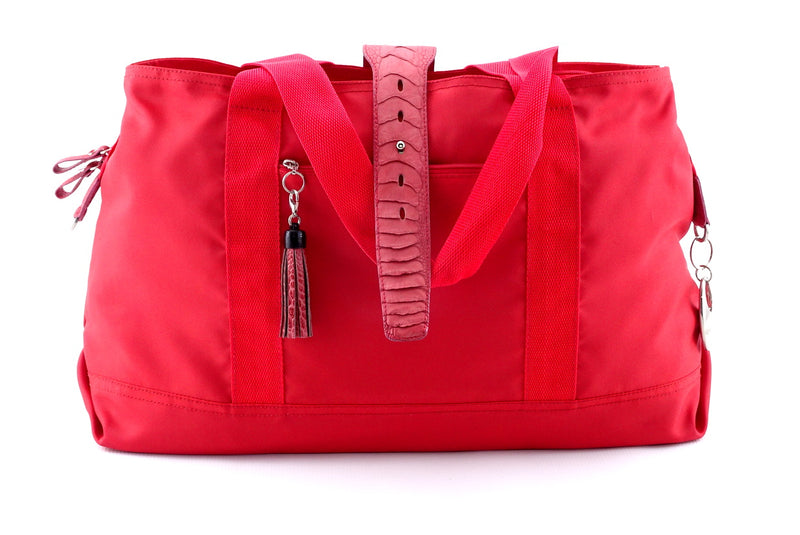 Felicity  Red nylon rojo ostrich leg leather & tassel large tote bag front handles down