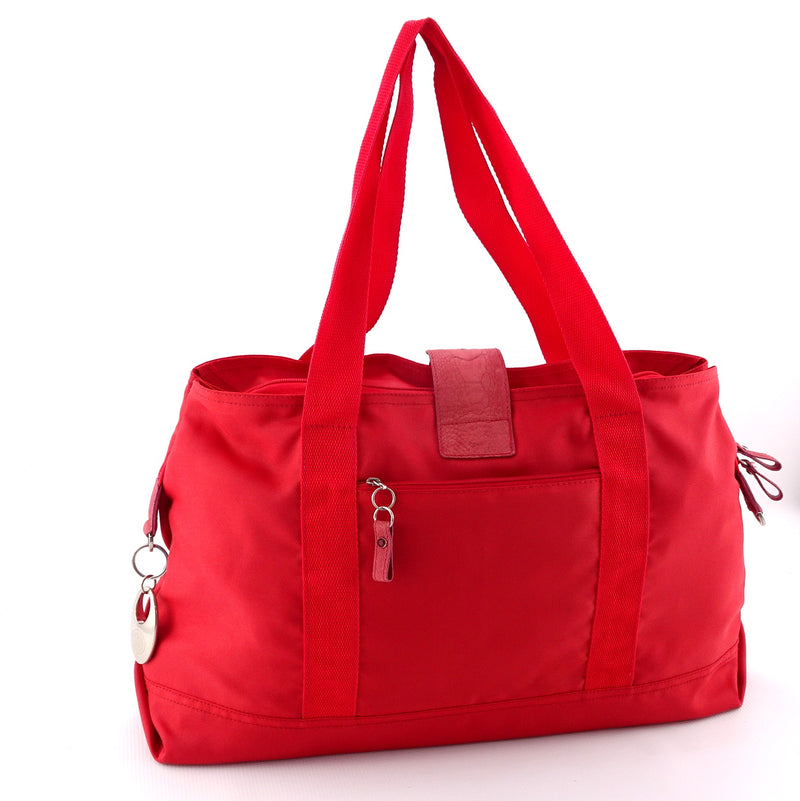 Felicity  Red nylon rojo ostrich leg leather & tassel large tote bag back handles up