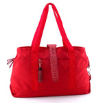 Felicity  Red nylon rojo ostrich leg leather & tassel large tote bag front handles up