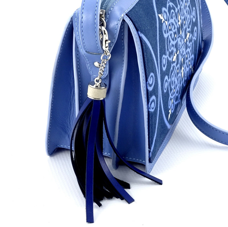 Riley Cross body bag denim fabric & astral blue leather tassel 