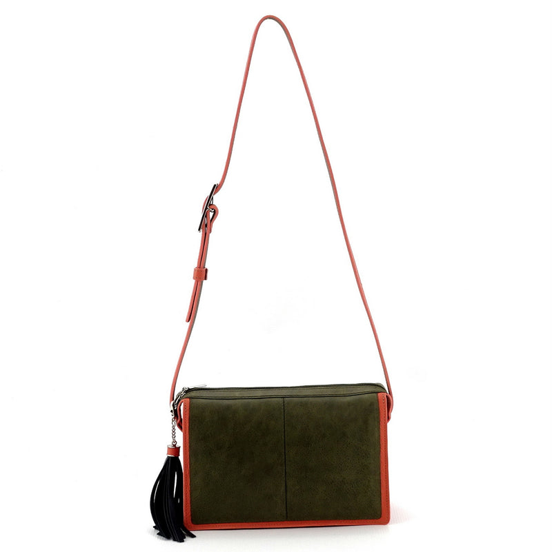Riley Cross body bag Olive green & peach leather shoulder straps extended