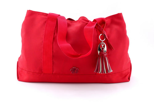 Felicity  Red nylon with large tassel large tote bag front handles down