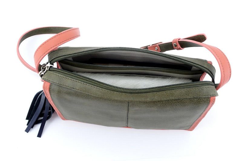 Riley Cross body bag Olive green & peach leather inside view