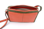 Riley Cross body bag Peach & olive green leather inside pocket feature top strip